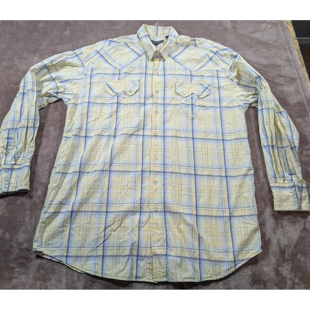 Roper Western Shirt Mens 2XLT Yellow Blue Plaid Pearl Snap Long Sleeve Cotton